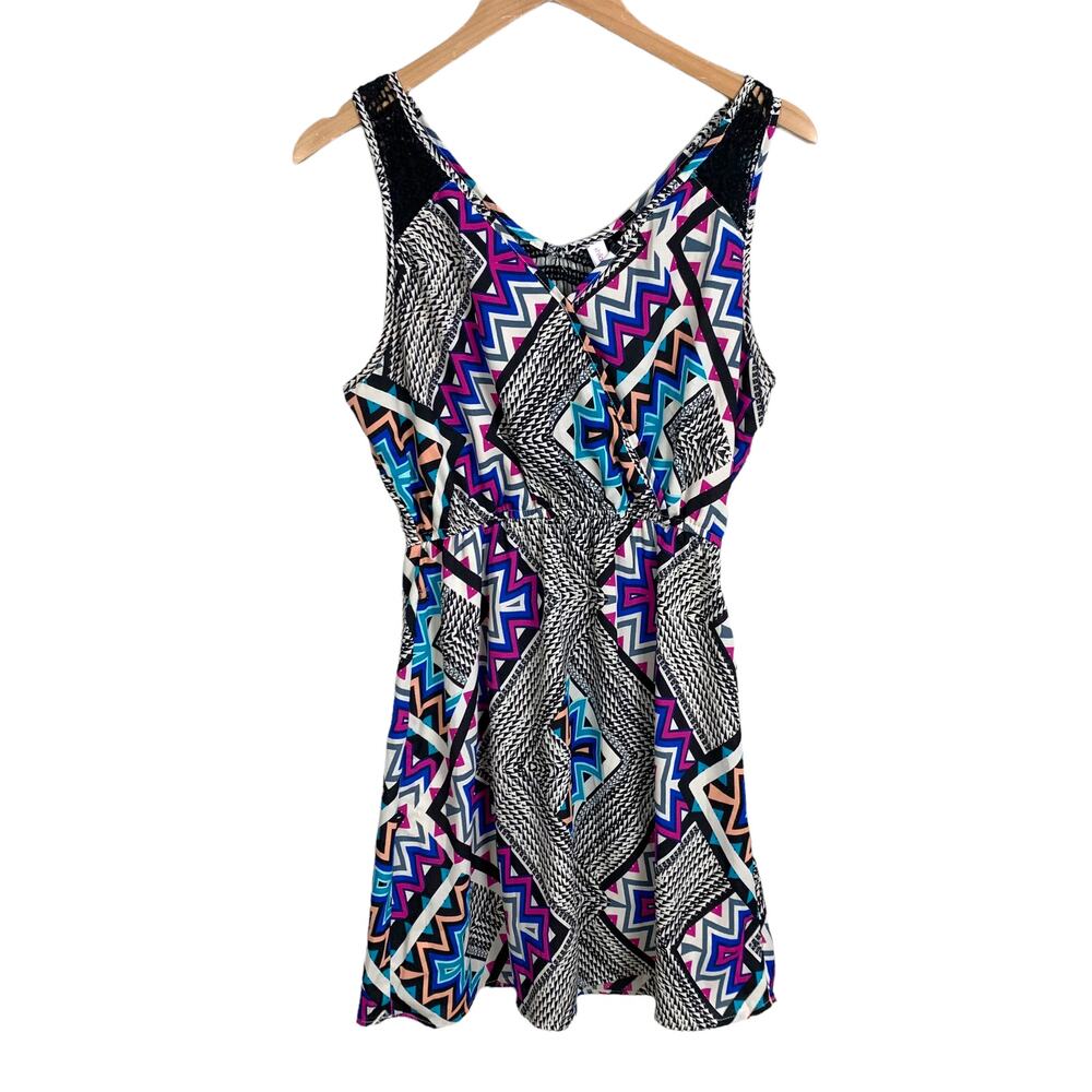 Xhilaration Sleeveless Black White Mulitcolor Chevon Lace Double V Neck Dress M